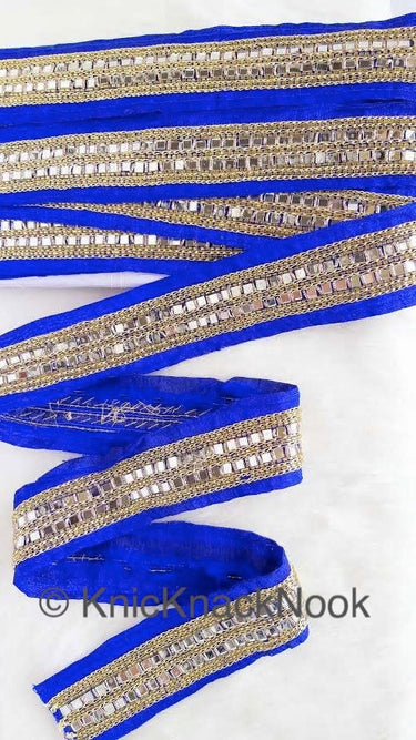 Royal Blue Fabric Trim With Mirrors Embellishments, Gold Beads and Gold Embroidery, Approx. 45mm Wide Decorative Craft Trims